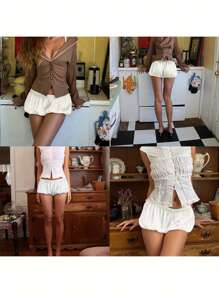 Women Y2k Silk Stain Mini Bubble Shorts Ruffle Micro Pumpkin Pj Bottoms Sleepwear Shorts Puffy Micro Balloon Lounge Pj Shorts Bloomers - 白色 - 查看 2