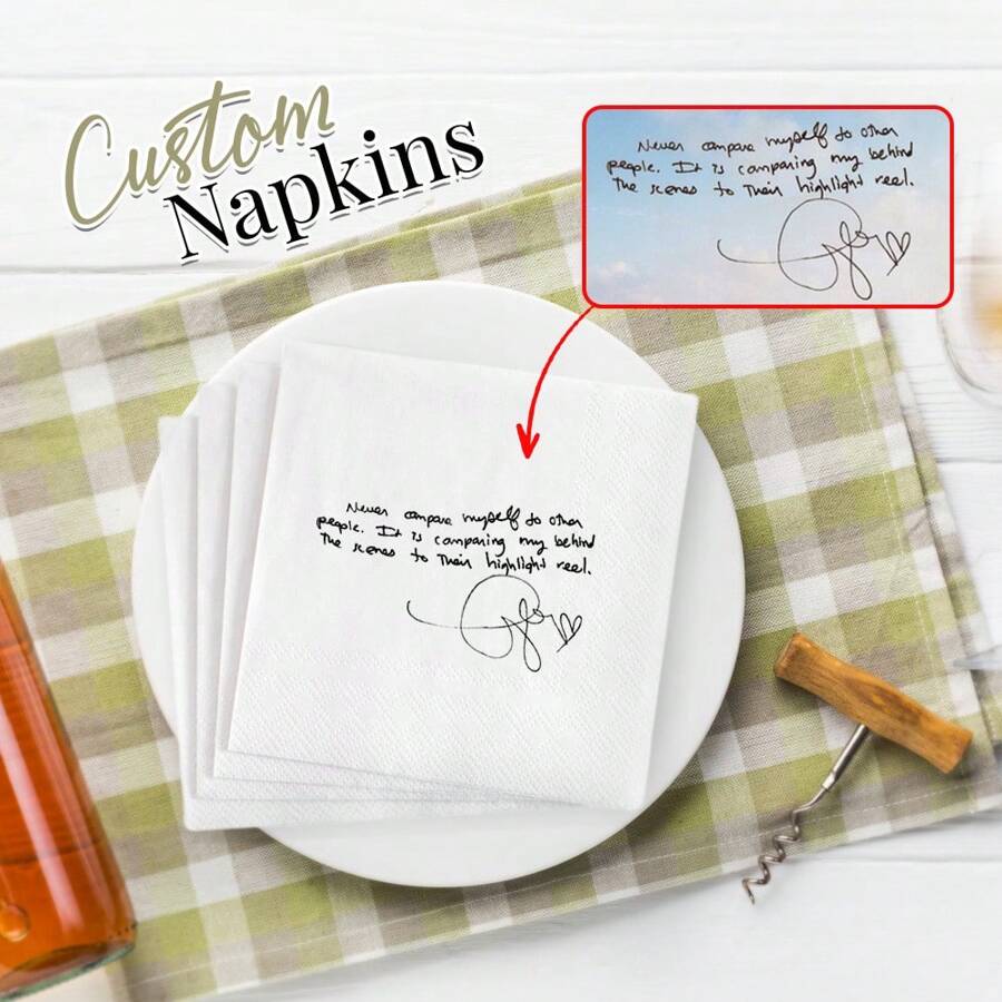 50/100/200/500 Pcs Custom Napkins, Personalized Handwritting Napkins For Birthday Party And Wedding Anniversary, Cocktail Napkins Disposable Beverage Dessert Napkins For Table Decorations Engagement Party, Suaitable For Wedding Banquet, Custom Love Note Handwriting Napkins - White - View 1