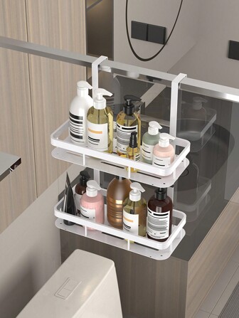 2-Tier Hanging Bathroom Metal Storage Rack, Suitable For Door Behind Shower Organization, Can Hold Shampoo, Conditioner, Skincare Products, No Drilling Installation, Applicable For Bathroom, Kitchen, Bedroom Decor, White/Black