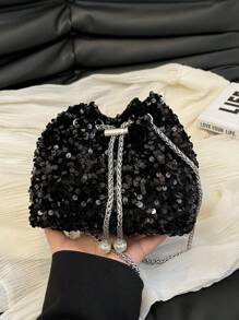 1 件链条抽绳封口 PVC 亮片闪亮水桶包，配金属珍珠装饰，彩色亮片单肩斜挎包，时尚礼品化妆包，适合女士派对活动 - 黑色 - 查看 7