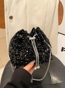 1 件链条抽绳封口 PVC 亮片闪亮水桶包，配金属珍珠装饰，彩色亮片单肩斜挎包，时尚礼品化妆包，适合女士派对活动 - 黑色 - 查看 3