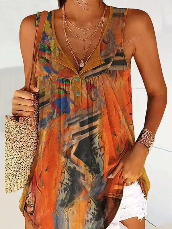 Women Plus Size Sleeveless Open Front Tank Top With Button Decor, Suitable For Summer And Spring