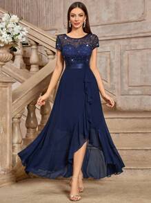 MIUSOL Sequin Floral Lace Contrast Chiffon Cap Sleeve Ruffle Trim Evening Party Long Dress,Elegant Dress For Women,For Graduation,Dinner - Navy Blue - View 6