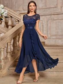 MIUSOL Sequin Floral Lace Contrast Chiffon Cap Sleeve Ruffle Trim Evening Party Long Dress,Elegant Dress For Women,For Graduation,Dinner - Navy Blue - View 5