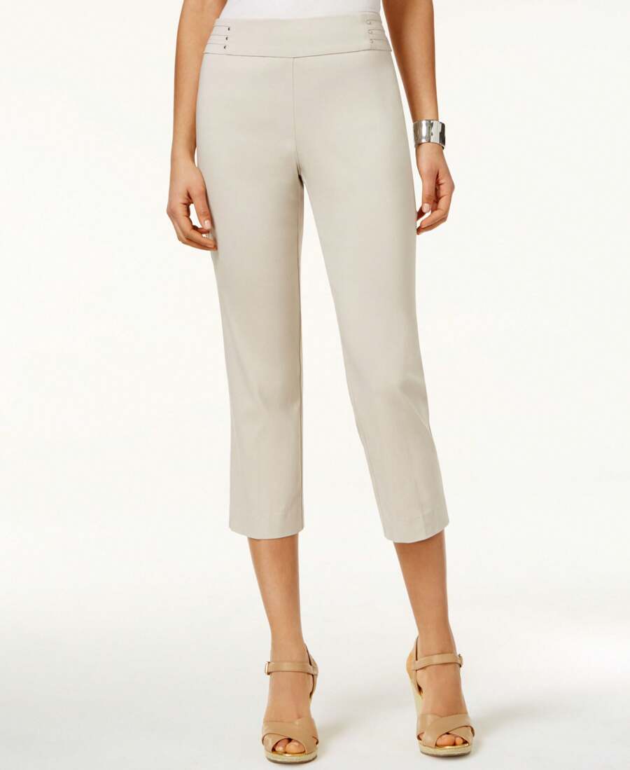 JM Collection Petite Rivet Detail Tummy Control Capri Pants - Stone - View 1