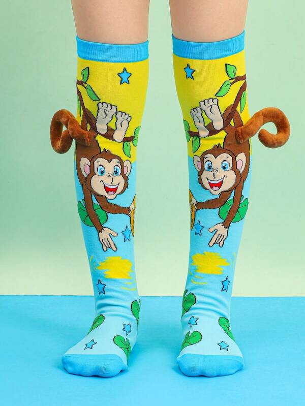 A Pair Of Cute Cartoon Animal Monkey Three-Dimensional Tail Accessories Knee High Stockings Suitable For Daily Party Wear