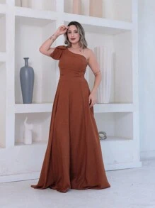 Victoria Long Luxury Dress Plain Duna Linen With Bow One Shoulder - 摩卡棕 - 查看 5