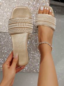 Women's Summer New Black Rhinestone Decor Casual Flat Sandals, Comfortable For Indoor & Outdoor Wear