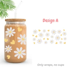 1Pc/4Pcs Daisy Strawberry Flower Heart UV Dtf Cup Wraps Transfer Sticker For Cup Mug Watter Bottle Tumbler Laptop Furniture Phonecase Waterproof & Scratch-Resistent UV Dtf Wraps Decal For 16oz Libbey Glass Cup DIY Craft Decorations Rub On Transfers Stickers For 16 Oz Libbey Glasses Mug Tumbler Bottle Phone Laptop Furniture Back To School