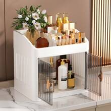 1pc Vanity Makeup Storage Box, Foldable & Sliding Door Design, Clear Cover Cosmetic Display Cabinet, Large Capacity Skincare & Cosmetics Organizer, Ideal Gift For Women, Fits Bedroom & Bathroom Vanities To Store Lipsticks, Brushes, Nail Polish,For Holiday Beach, Bathroom Collection, Bedroom Collection, Large Capacity