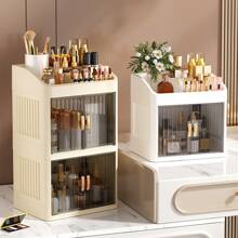 1pc Vanity Makeup Storage Box, Foldable & Sliding Door Design, Clear Cover Cosmetic Display Cabinet, Large Capacity Skincare & Cosmetics Organizer, Ideal Gift For Women, Fits Bedroom & Bathroom Vanities To Store Lipsticks, Brushes, Nail Polish,For Holiday Beach, Bathroom Collection, Bedroom Collection, Large Capacity