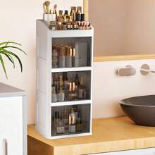 1pc Vanity Makeup Storage Box, Foldable & Sliding Door Design, Clear Cover Cosmetic Display Cabinet, Large Capacity Skincare & Cosmetics Organizer, Ideal Gift For Women, Fits Bedroom & Bathroom Vanities To Store Lipsticks, Brushes, Nail Polish,For Holiday Beach, Bathroom Collection, Bedroom Collection, Large Capacity