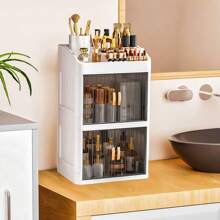 1pc Vanity Makeup Storage Box, Foldable & Sliding Door Design, Clear Cover Cosmetic Display Cabinet, Large Capacity Skincare & Cosmetics Organizer, Ideal Gift For Women, Fits Bedroom & Bathroom Vanities To Store Lipsticks, Brushes, Nail Polish,For Holiday Beach, Bathroom Collection, Bedroom Collection, Large Capacity