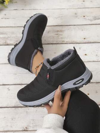 Women'S Casual Winter Ankle Boots - Solid Color, Fluffy Thick Sole, Soft Fabric Insole, Non-Slip, Warm Lined, Round Toe, Flat Heel, One-Piece Closure, All-Season Comfort
