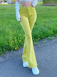 Women's Flare Bell Bottom Jeans Mid Waisted Wide Leg Bootcut Jeans Stretchy Denim Pants - Green - View 2