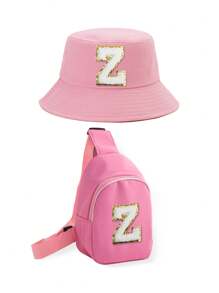 2pcs/Set Kids 26 Letters Bucket Hat And Bag Set, Suitable For Boys And Girls Casual Outings In Spring & Autumn - Pink - View 25