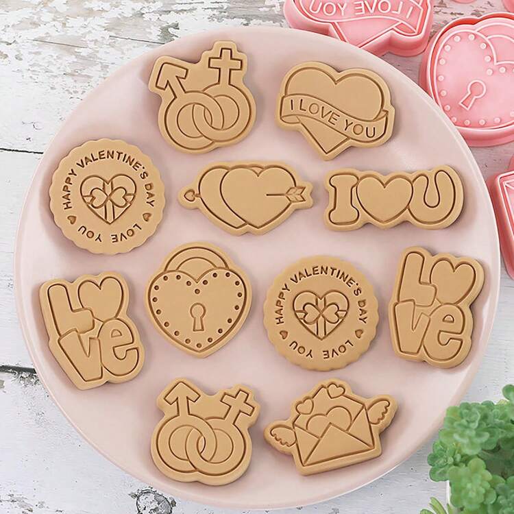 Juego de 8 piezas de cortadores de galletas con forma de corazón, molde de galletas 3D en relieve, sello de galletas 3D de dibujos animados, herramientas de horneado DIY, accesorios de cocina para el Día de San Valentín - Multicolor - Añade 6