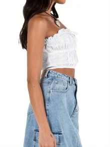 Women Vest Tops, Strapless Sleeveless Drawstring Solid Color Casual Party Street Summer Vest - White - View 2