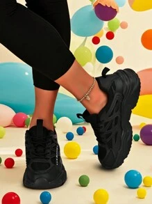 Sporty Front Chunky Sneakers For Women,Colorblock Leather Lace-Up Shoes Women Boots Women Lightweight Breathable Sneakers Women Shoes Comfortable Casual Shoes For Women