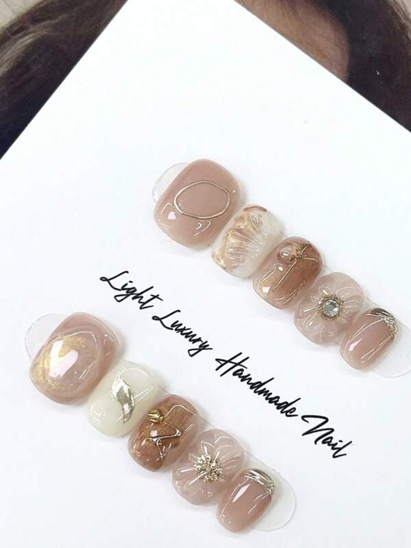 10 Pcs Short Ballet Press On Nails Set - Glossy Purple Tone With Flower And Aura Patterns, Handmade Luxury Fashion False Nail Kit