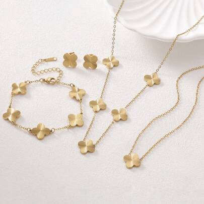 高端时尚手工抛光不锈钢水钻三叶草项链、手链、耳环套装，适合女士日常配饰