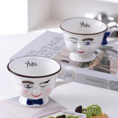 1個 280ml (9.47オンス) レトロなフェイスデザイン セラミックマグ ボウ付き カップル用、コーヒーカップ ミルクカップ、オフィス、自宅、レストラン、誕生日、バレンタインデー、ホリデーギフト、入学祝いに適しています