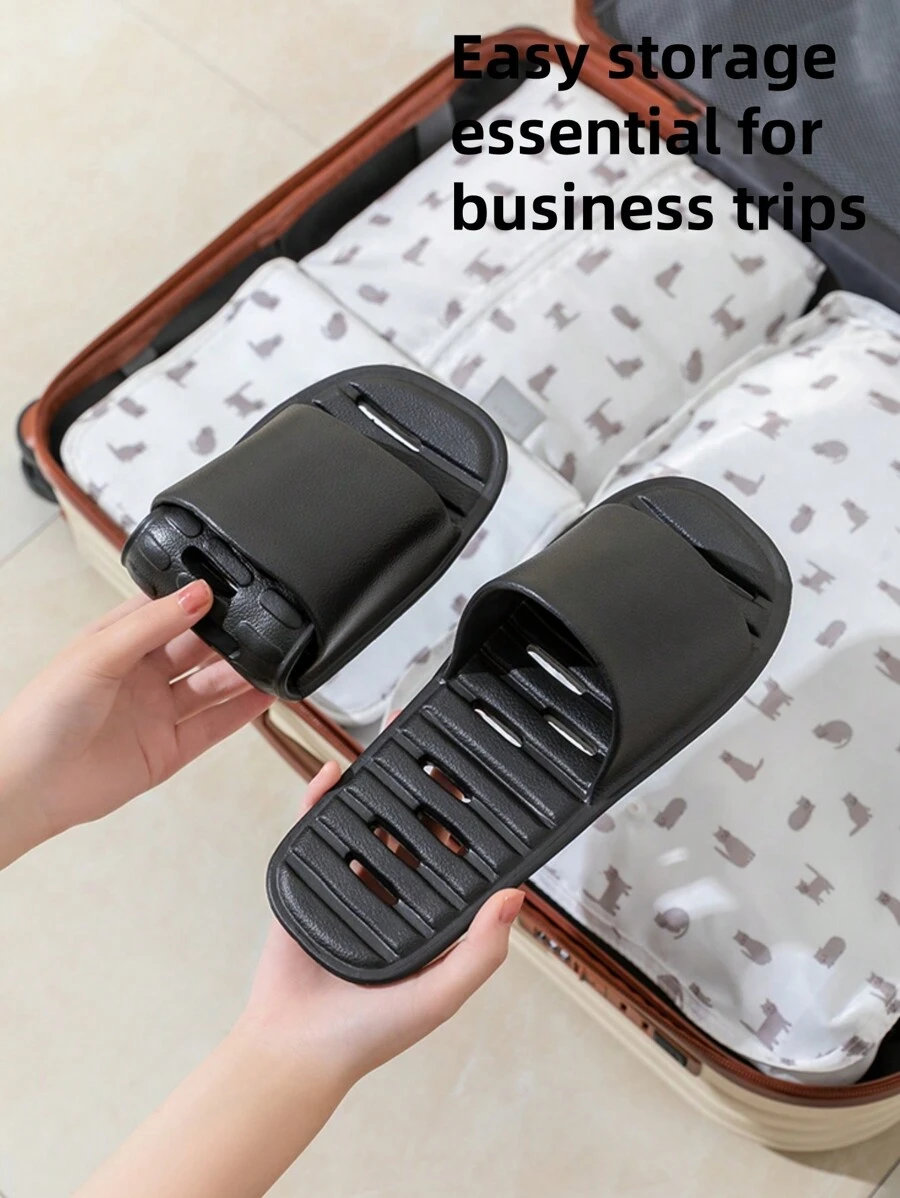 Women Plastic Slippers, New Casual Travel Foldable Ventilated Lightweight Soft Sole Comfortable Bathroom Anti-Slip Indoor Outdoor Sandals, Unisex Black EVA Minimalist Hotel Home Shower Beach Pool Slide Sandals - Black - View 1