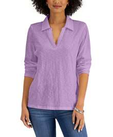 Karen Scott Cotton Long Sleeve Polo - Purple - View 2