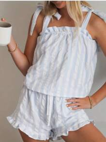 Conjunto de pijama sin mangas para mujer, top de tirantes a rayas y shorts a juego. Pijama de dos piezas. - Azul - Ver 1