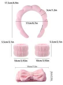 Conjunto de faixa de cabelo e pulseira de banho em veludo rosa coral com laço, faixa de cabelo feminina com borda larga, lavagem em cor sólida, acessório de cabelo moderno para a volta às aulas. - Rosa - Ver 3