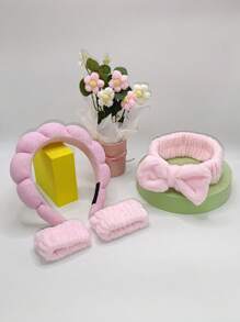 Conjunto de faixa de cabelo e pulseira de banho em veludo rosa coral com laço, faixa de cabelo feminina com borda larga, lavagem em cor sólida, acessório de cabelo moderno para a volta às aulas. - Rosa - Ver 8