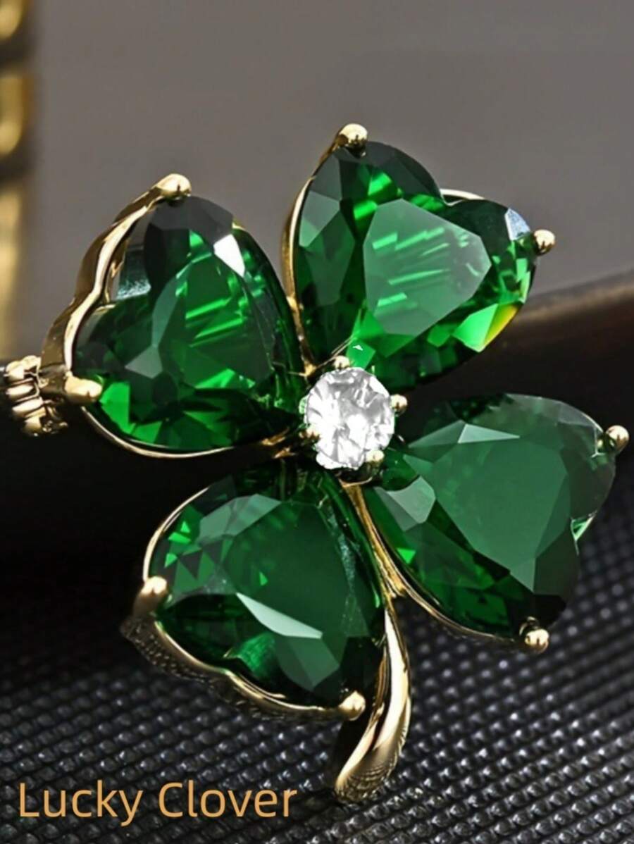 1pc Elegant Green Lucky Clover Alloy Crystal Leaf Pin Brooch, Fashion Clothing Accessory Dress Accessories Pin For Clothes Bag Charm School Office Accessories Shirts Jacket Jewelry Halloween Clothes Pin Funny Cute Teacher Gifts00 Costume Accessories Bag Charms