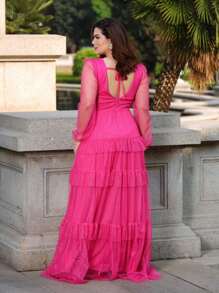 LONG DRESS FOR WEDDING BRIDESMAID TULLE LAYERS LONG SLEEVES - Hot Pink - View 2