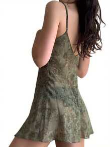 Ladies Perspective Slip Dress, Women Leisure Style Abstract Plant Printing V-neck Side Split Sleeveless Backless Short Skirt - Verde militar - Ver 4