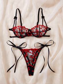 2pcs/Set Sexy Women Lingerie Set, Heart Embroidery Sheer Bra & Panty Set, Perfect For Valentine's Day, Intimate Date, Night Out, Rave - Rose Red - View 4