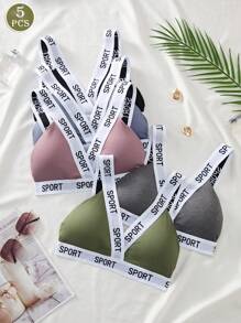 5pcs Women Fashion Casual Letter Ribbed Medium Support Comfortable Sports Bra Underwear - Multicolor - View 7