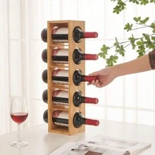 Bottle Rack, Bamboo Rack For Up To 5 Bottles, Kitchen Wine Rack, Storage Cabinet 13.5 X 12 X 53 Cm, 2 Modes To Use: Horizontal, Vertical - 原木色 - 查看 2