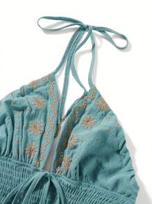 Summer Beach Vacation Dresses For Women Boho Floral Embroidery Maxi Dress Casual Midi Dress Tie-Up Halter Neck Sleeveless Swing Dress Fashion Backless A-Line Dress Beach Sundress Bohemian Dress Clothes Outfit Streetwear - Màu xanh lam - Xem 8