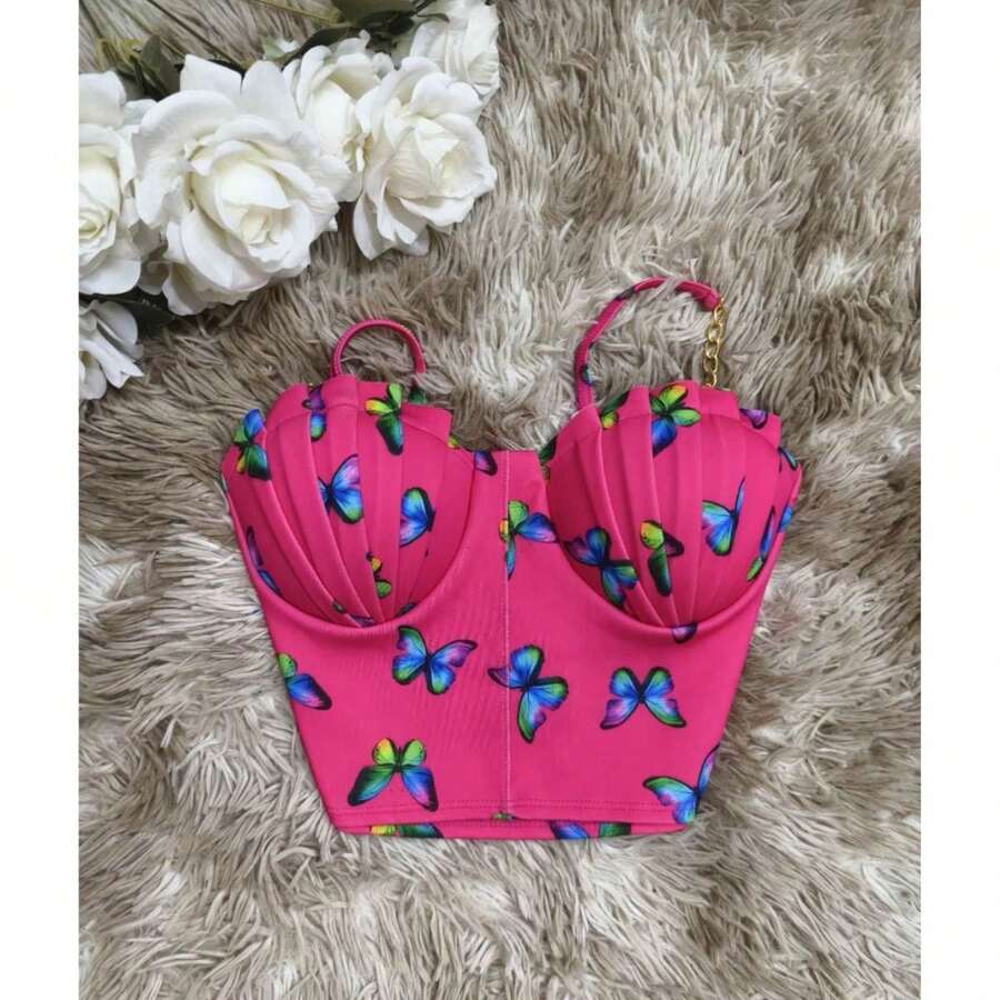 Cropped Top Blouse Thin Strap Chain With Mermaid Bra Fashion Blogger Retro Summer Party Beach Neoprene Suplex Strappy - Coral Pink - View 1