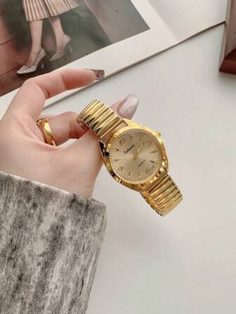 1pc Women's Fashion Elegant Gold Round Dial Quartz Watch, Suitable For Daily Decoration/Party/Gift