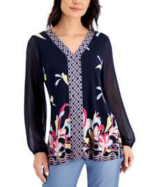 JM Collection Border Print Sheer Sleeve Top - Blue - View 2