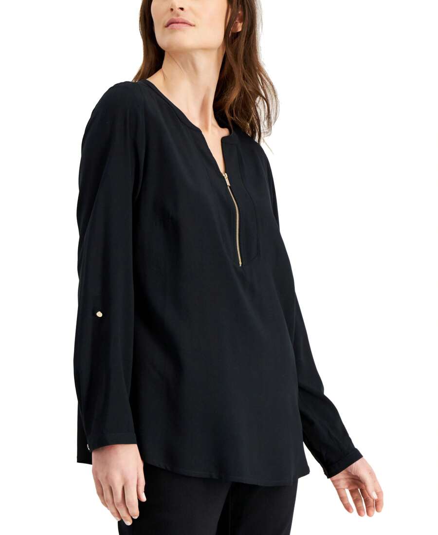 JM Collection Solid Zip Neck Utility Top - Black - View 1