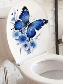 mama look 1pc Blue Butterfly Toilet Sticker Wall Decor, Self-Adhesive Removable PVC Bathroom Wall Art Stickers