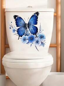 mama look 1pc Blue Butterfly Toilet Sticker Wall Decor, Self-Adhesive Removable PVC Bathroom Wall Art Stickers