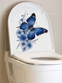 mama look 1pc Blue Butterfly Toilet Sticker Wall Decor, Self-Adhesive Removable PVC Bathroom Wall Art Stickers