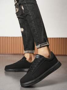 男士简约拼接黑色休闲滑板鞋，时尚商务轻便舒适户外步行运动鞋，百搭情侣鞋 - 黑色 - 查看 1