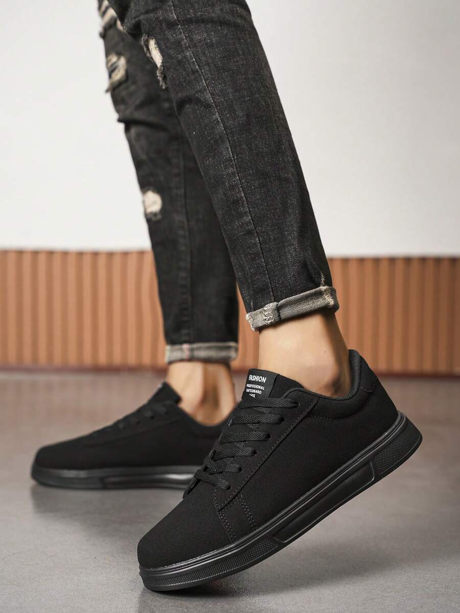 男士简约拼接黑色休闲滑板鞋,时尚商务轻便舒适户外步行运动鞋,百搭情侣鞋 - 黑色 - 查看 1