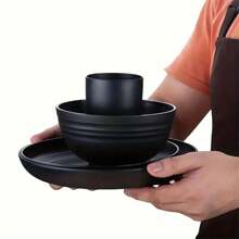 Christmas 32pcs Wheat Straw Plastic Tableware Set, Serves 8 People, Includes Plates, Dessert Plates, Cereal Bowls, Cups, Unbreakable Colorful Plastic Outdoor Camping Dinnerware, Blackhome Decor Gift For New Year - Black - View 11