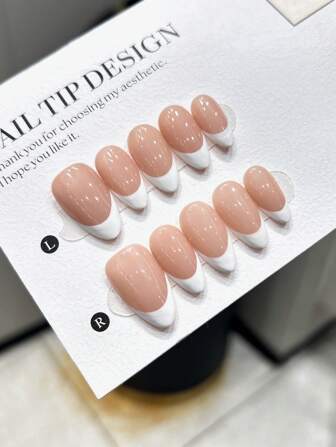 10Pcs/Set Almond Shaped Handmade Nail Tips, Simple Style, Handpainted White French Tip On Nude Color Nail Bed, Premium Acrylic False Nails, Suitable For Women And Girls Daily Wear, With Nail Accessories Press On Nails Nail Supplies Nails