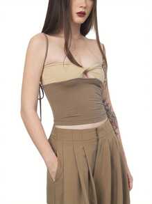 Women Vest Shirt, Sleeveless Off Shoulder Patch Color Bandage Casual Street Party Spring Summer Tops - 咖啡色 - 查看 2